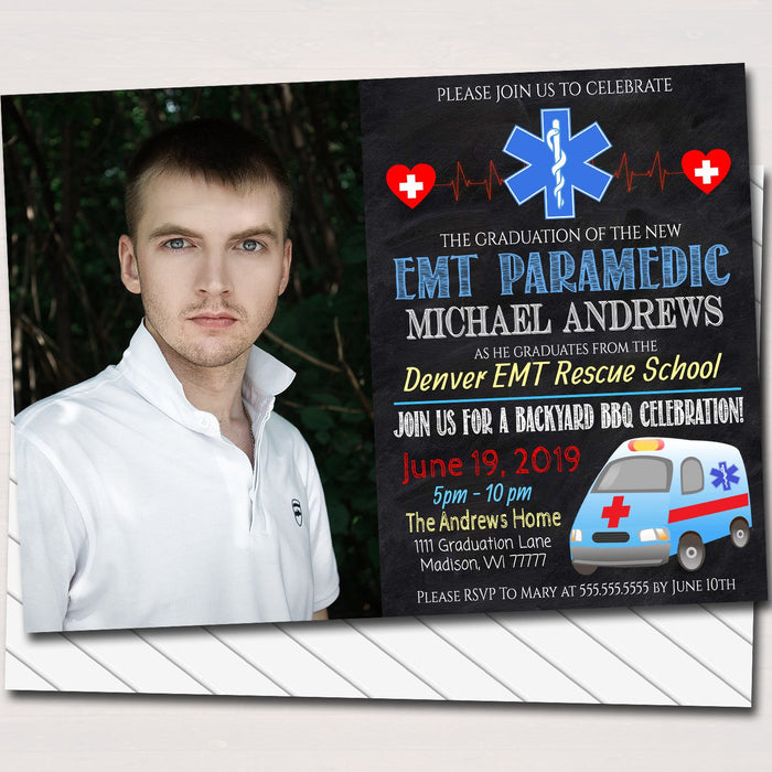 Editable Paramedic EMT Graduation Invitation Chalkboard Printable Digital College Grad Invite, Retirement Party Ambulance Invite