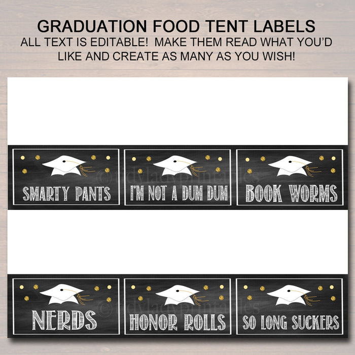 Graduation Food Tent Labels, Printable Party Decor, Graduation Candy Bar Sweet Signs, Gold Black Party Invite,
