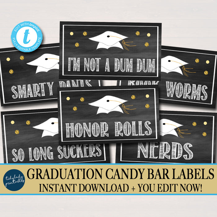 Graduation Food Tent Labels, Printable Party Decor, Graduation Candy Bar Sweet Signs, Gold Black Party Invite,