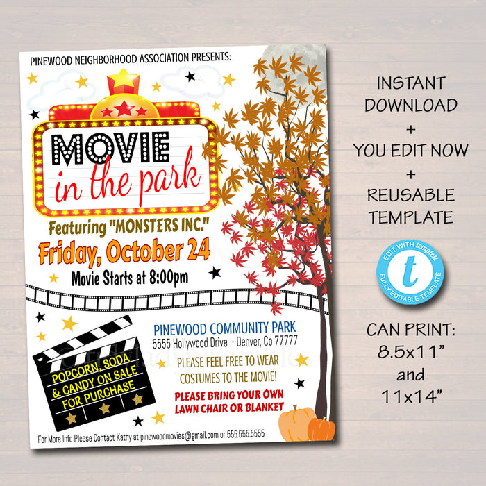 Movie Night Flyer, Printable PTA PTO Flyer, School Church Benefit Fundraiser Outdoor Movies in the Park Poster Printable Invitation