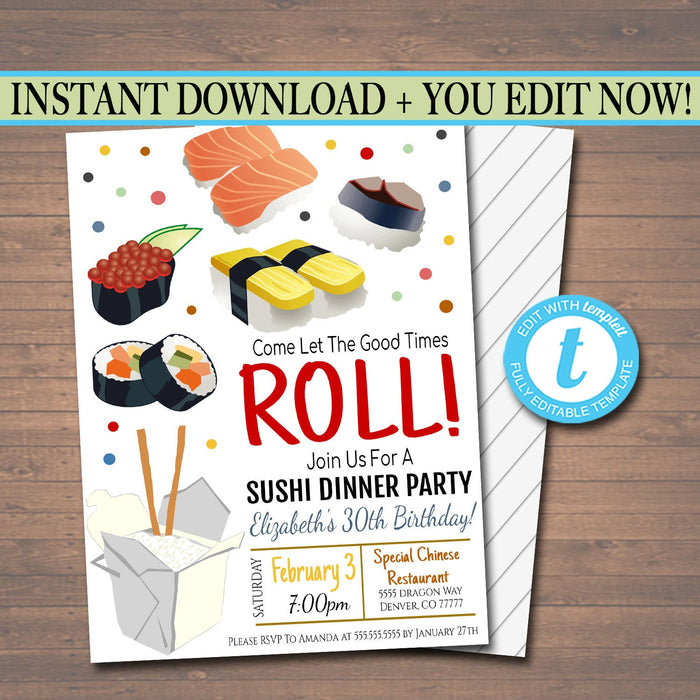 EDITABLE Sushi Dinner Party Invitation, Party Invite, Chinese Restaurant Printable, Birthday Invite Template, Any Age, INSTANT DOWNLOAD