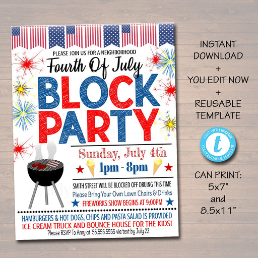 EDITABLE Patriotic Neighborhood Block Party Invite, Printable, Bbq Picnic Summer Party, 4th of July, Memorial Day Flyer, INSTANT DOWNLOAD