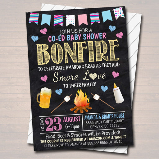 EDITABLE Gender Reveal S'mores BBQ Picnic Invitation, Baby Sprinkle, Couples Shower Grill Out Celebration, Bonfire Co-ed Baby Shower Invite