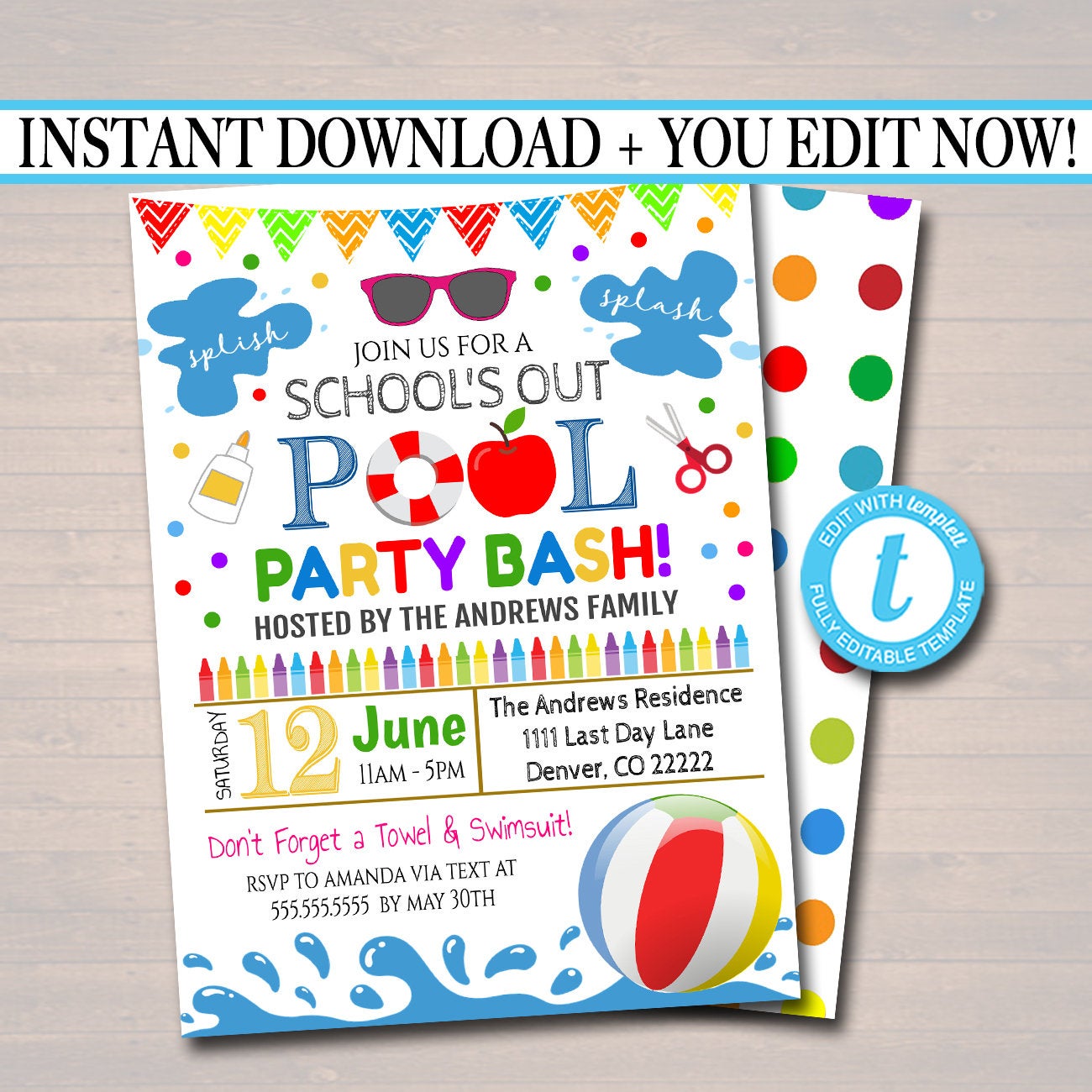 End of School Pool Party Invite | TidyLady Printables end-of-school-pool-party-invite-tidylady-printables