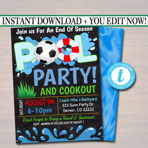 EDITABLE Summer Pool Soccer Party Invitation Printable Digital Invite Back to School, Soccer Team BBQ End of School Boys Pool Birthday Party