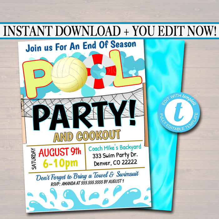 EDITABLE Summer Pool Volleyball Party Invitation, Printable Digital Invite Back to School, Team BBQ, End of School, Girl Pool Birthday Party