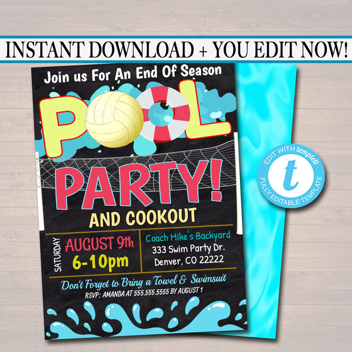 EDITABLE Summer Pool Volleyball Party Invitation, Printable Digital Invite Back to School, Team BBQ, End of School, Girl Pool Birthday Party