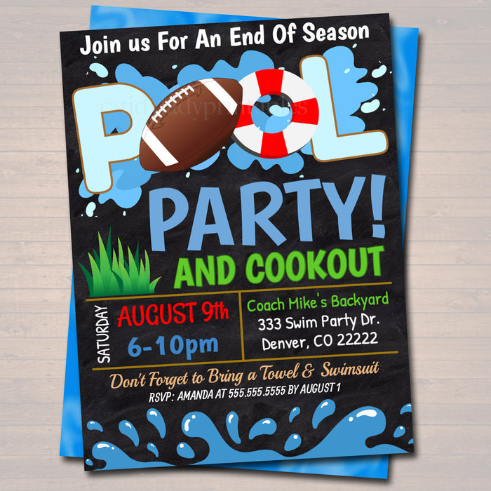 EDITABLE Summer Pool Football Party Invitation Printable Digital Invite Back to School, Football Team BBQ End of School, Boys Pool Birthday