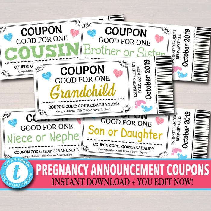 EDITABLE Pregnancy Announcement Coupons, INSTANT DOWNLOAD, Printable Coupons, Good For One Grandchild, Niece, Grandparents Aunt, Daddy to Be