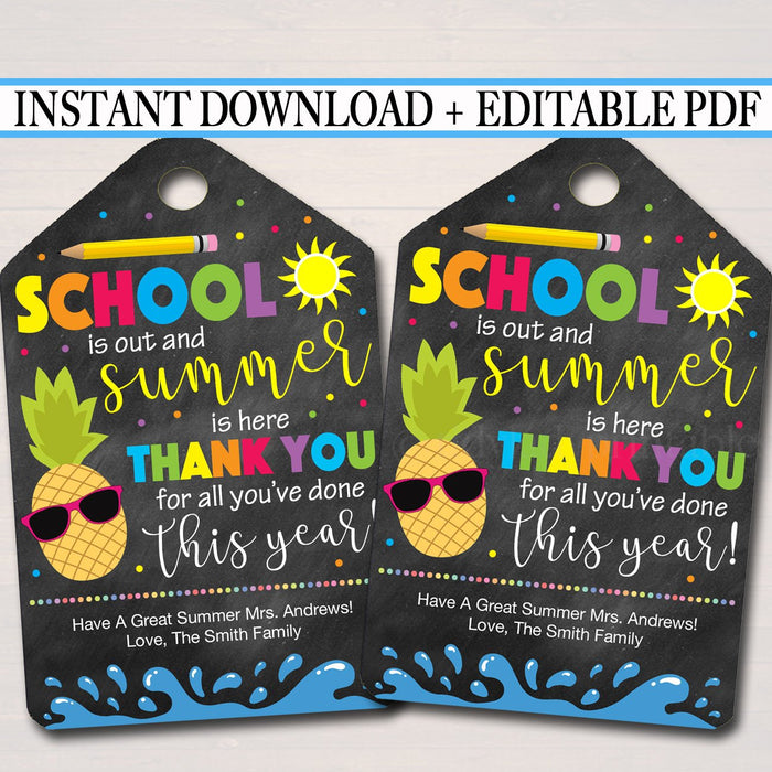 School's Out Summer is Here Teacher Thank You Tags, Teacher Appreciation  Printable End Of School Year Teacher Gift