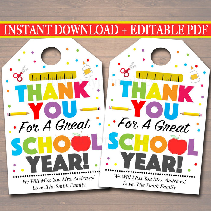 EDITABLE Thank You Tags, Teacher Appreciation Thank You Note, INSTANT DOWNLOAD Printable Principal Staff, End Of School Year Teacher Gifts
