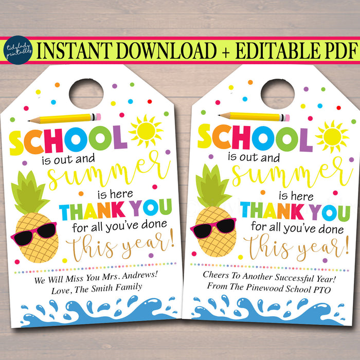 EDITABLE School's Out Summer is Here Teacher Thank You Tags, Teacher Appreciation INSTANT DOWNLOAD Printable End Of School Year Teacher Gift