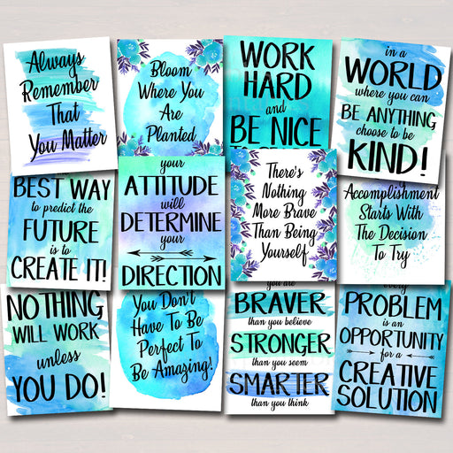 SET OF 12 Inspirational Watercolor Printable Posters, School Counselor Teacher Social Worker Classroom Blue Office Decor Kindness You Matter