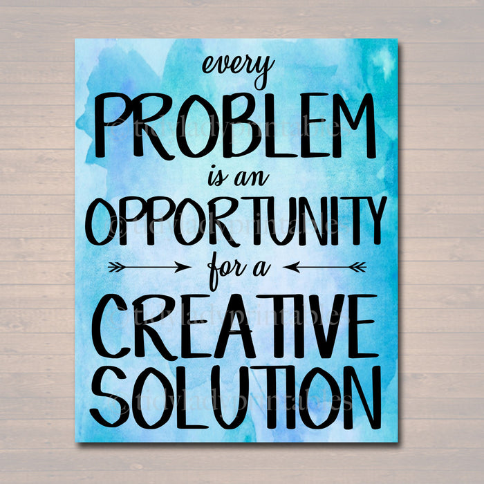 Inspirational Watercolor Printable Poster, School Counselor Teacher Social Worker Classroom Blue Office Decor, Problem Has Creative Solution