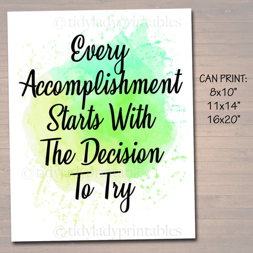 Inspirational Watercolor Printable Poster School Counselor Teacher Social Work Classroom, Green Office Decor Accomplishment Starts By Trying