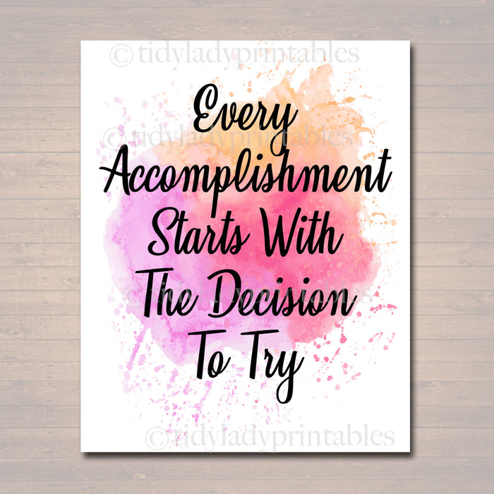 Inspirational Watercolor Printable Poster School Counselor Teacher Social Work Classroom, Pink Office Decor Accomplishment Starts By Trying