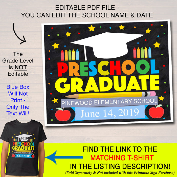 EDITABLE DATE Preschool Graduation Photo Prop, Last Day End of School Chalkboard Poster, Boy Preschool Graduate Sign, DIY Instant Download