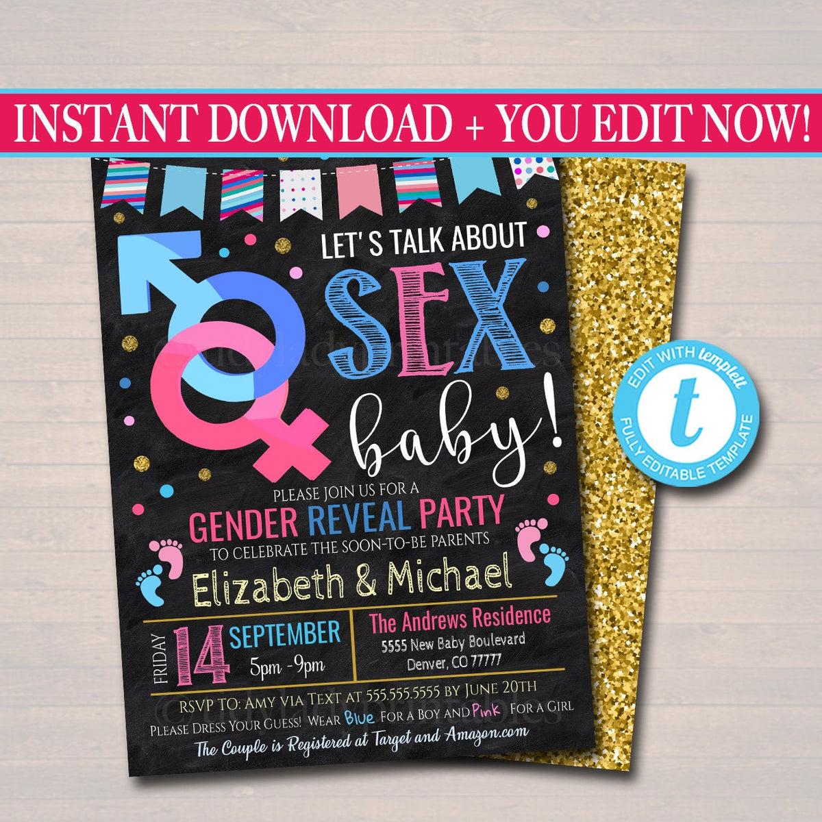 Gender Reveal Party Invitation - Editable Template — TidyLady Printables
