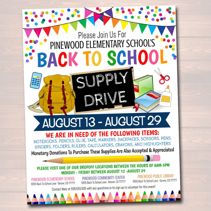School Supply Drive Event Flyer - Editable Template
