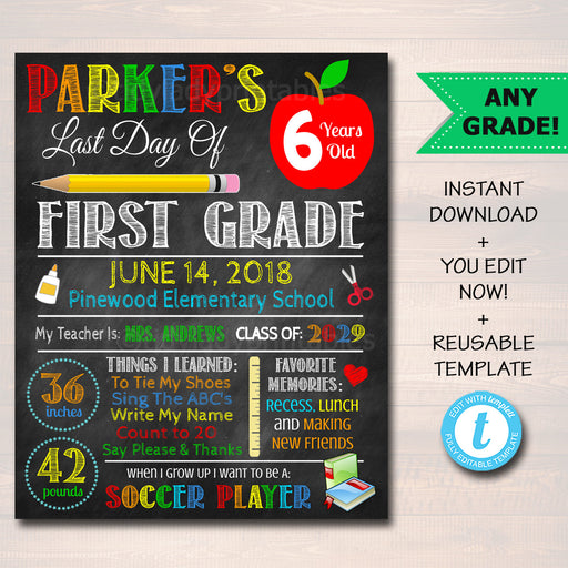 EDITABLE Last Day of School Photo Sign, Back to School Chalkboard Poster Personalized School Chalkboard Sign, Any Grade Sign, School Photo