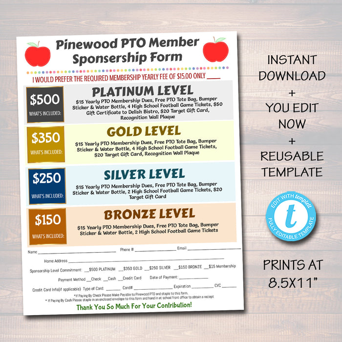 PTO PTA Form - Sponsorship Membership Donation Signup Printable Handout - Editable Template