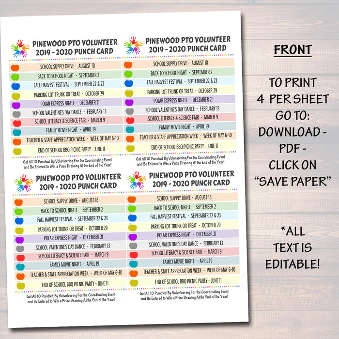 PTO PTA Volunteer Punch Card Printable Template