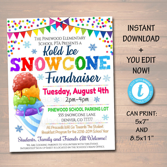 Snow Cone Fundraiser Event Flyer - Editable Template