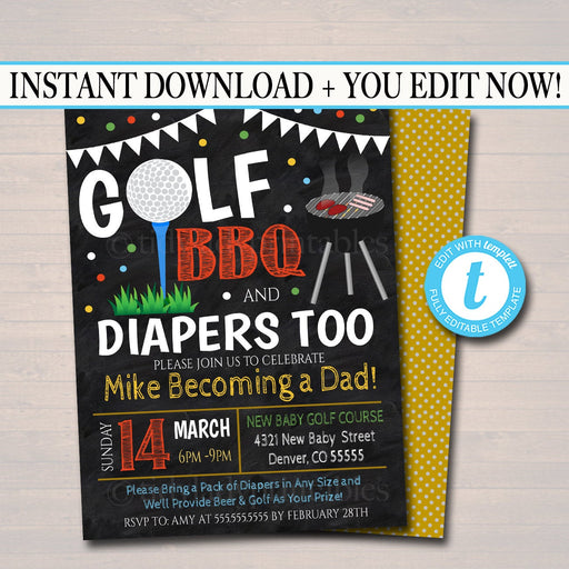 Editable Golf and BBQ Baby Shower Invitation Chalkboard Printable Baby Sprinkle, Couples Man Diaper Shower Party Invite, INSTANT DOWNLOAD