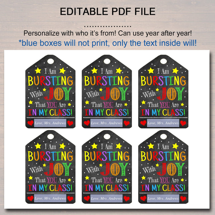 EDITABLE Candy Classroom Printable Gift Tags, Bursting With Joy That You're In My Class, Back To School Gift From Teacher, INSTANT DOWNLOAD