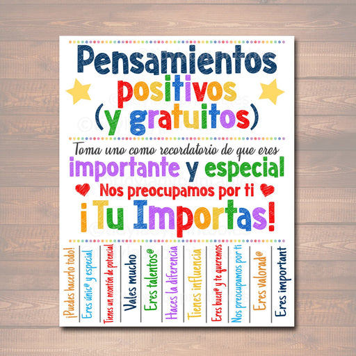 Free Positive Thoughts Spanish Tearoff Flyer School Counselor Kindness Classroom Decor, School Counselor Gift Office Social Worker Therapist