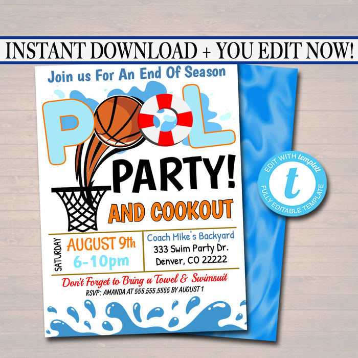 EDITABLE Summer Pool Basketball Party Invitation, Printable Digital Invite Back to School, Team BBQ Party, End of School, Boys Pool Birthday
