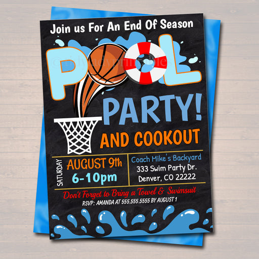 EDITABLE Summer Pool Basketball Party Invitation, Printable Digital Invite Back to School, Team BBQ Party, End of School, Boys Pool Birthday