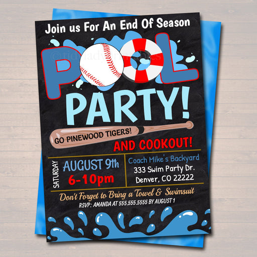 EDITABLE Summer Pool Baseball Party Invitation, Printable Digital Invite Back to School, Team BBQ Party, End of School, Boys Pool Birthday