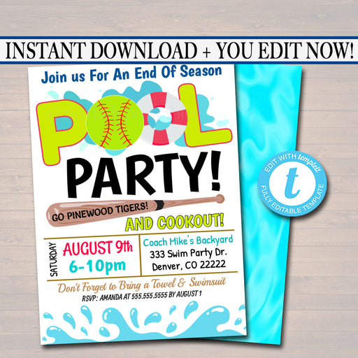 EDITABLE Summer Pool Softball Party Invitation, Printable Digital Invite Back to School, Team BBQ Party, End of School, Girls Pool Birthday