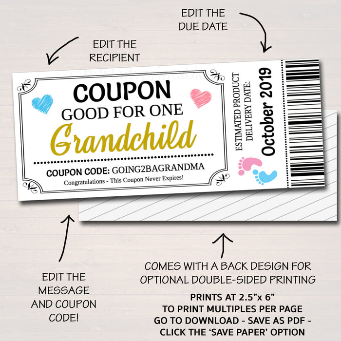 EDITABLE Pregnancy Announcement Coupons, INSTANT DOWNLOAD, Printable Coupons, Good For One Grandchild, Niece, Grandparents Aunt, Daddy to Be