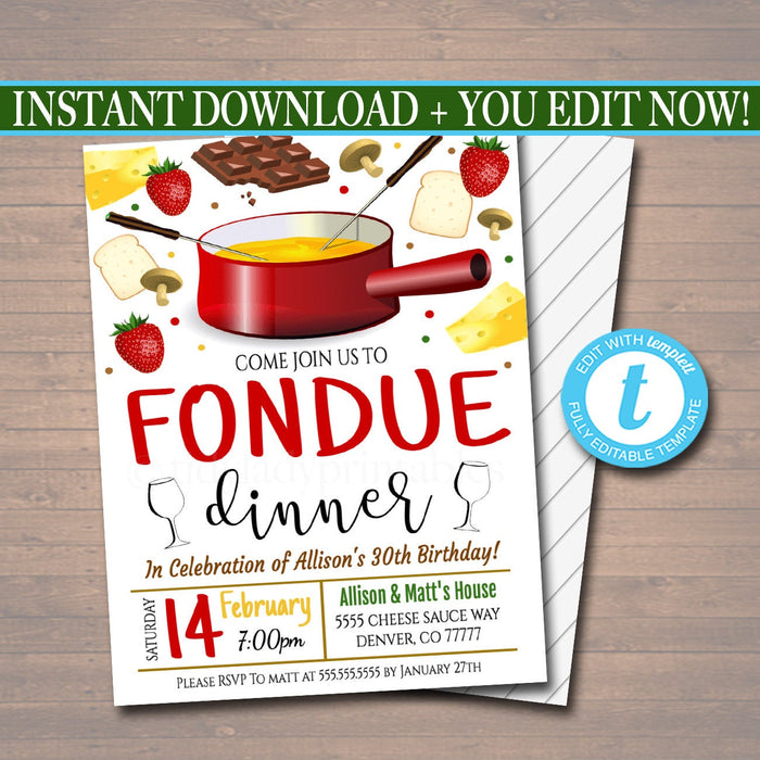 Fondue Dinner Party Invitation, Party Invite, Fondue Restaurant Printable, Birthday Template, Valentines Day Party