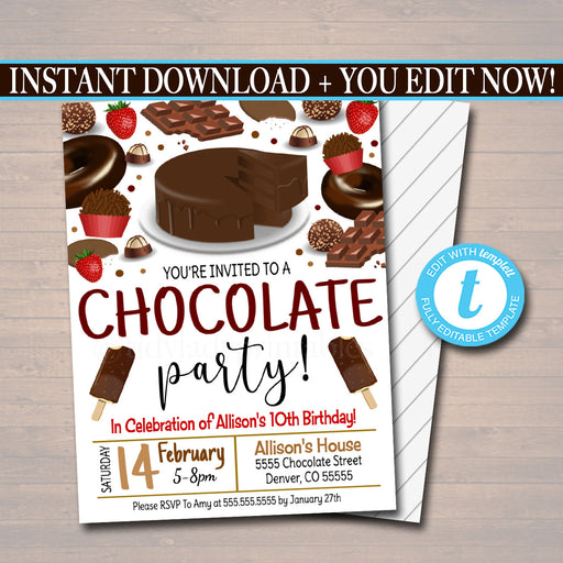 EDITABLE Chocolate Party Invitation, Party Invite, Dessert Restaurant Printable, Birthday Template, Valentines Day Party, INSTANT DOWNLOAD
