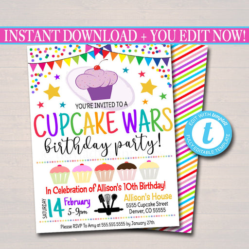 EDITABLE Cupcake Wars Themed Party Birthday Invitation, Girls Cupcake Candy Sweet Digital Invite, Cupcake Decorating Party, INSTANT DOWNLOAD
