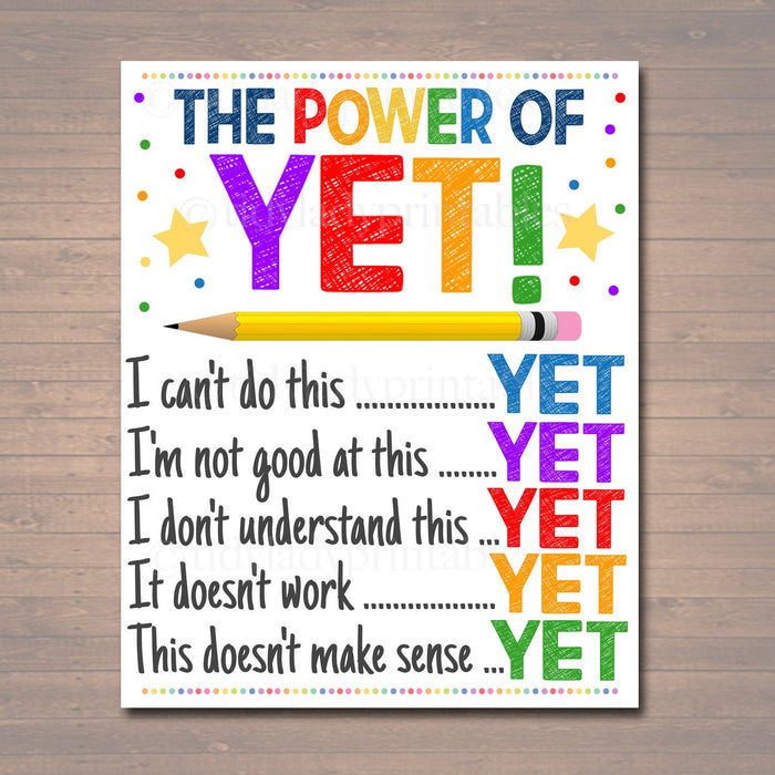 The Power of Yet Printable Poster, Growth Mindset, , Motivational Wall Art, School Office Classroom Teacher Decoration Art