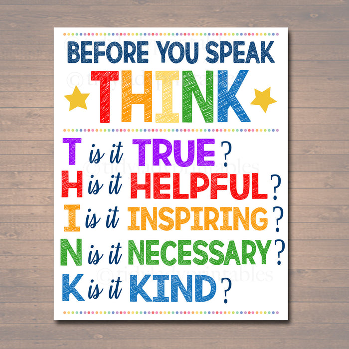 PRINTABLE Think Before You Speak Sign, Printable Classroom Decor, Motivational Poster, Counselor Art, Teacher Printables