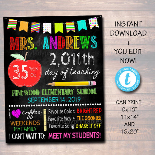 EDITABLE First Day Teacher Stats Chalkboard Sign, Back to School Photo Prop Poster, Editable School Sign, Days Years Teaching 1st Day School