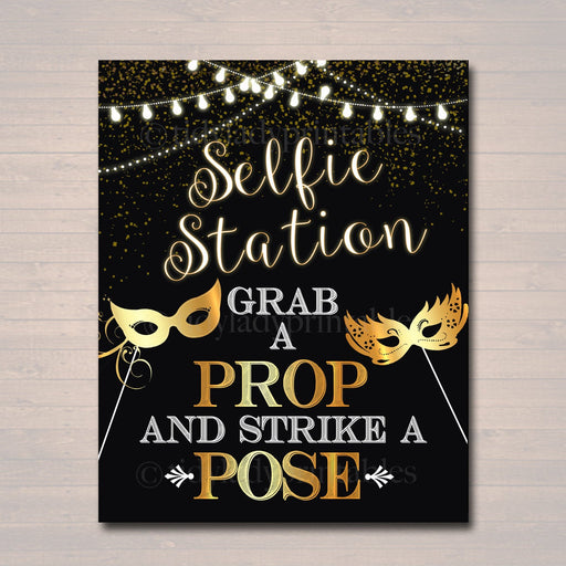 PRINTABLE Selfie Station Sign, Black and Gold Party Decor Masquerade Ball, Wedding Halloween Costume Party Photo Booth Prop INSTANT DOWNLOAD