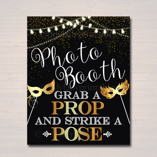 PRINTABLE Photo Booth Sign, Black and Gold Party Decor Masquerade Ball, Wedding Halloween Costume Party Photo Booth Prop INSTANT DOWNLOAD