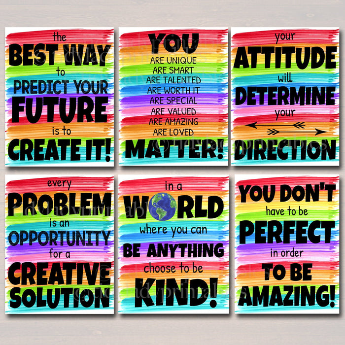 SET OF 6 Rainbow Watercolor Printable Posters, School Counselor Social Worker Classroom Office Decor, Kindness You Matter Teacher Printables