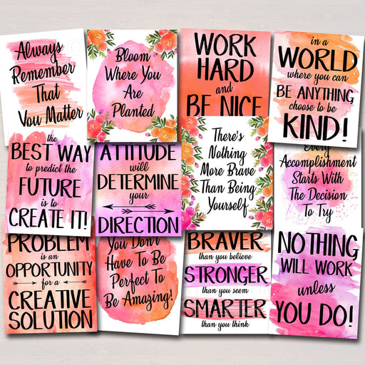 SET OF 12 Inspirational Watercolor Printable Posters, School Counselor Teacher Social Worker Classroom Pink Office Decor Kindness You Matter