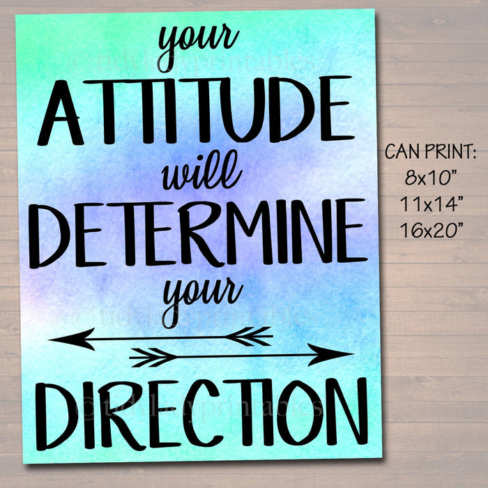 Inspirational Watercolor Printable Poster, School Counselor Teacher Social Worker Classroom Blue Office Decor, Attitude Determines Direction