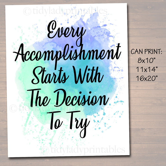 Inspirational Watercolor Printable Poster School Counselor Teacher Social Worker Classroom Blue Office Decor Accomplishment Starts By Trying