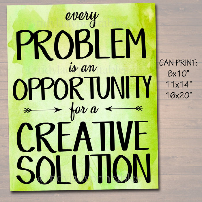 Inspirational Watercolor Printable Poster, School Counselor Teacher Social Work, Classroom Green Office Decor, Problem Has Creative Solution