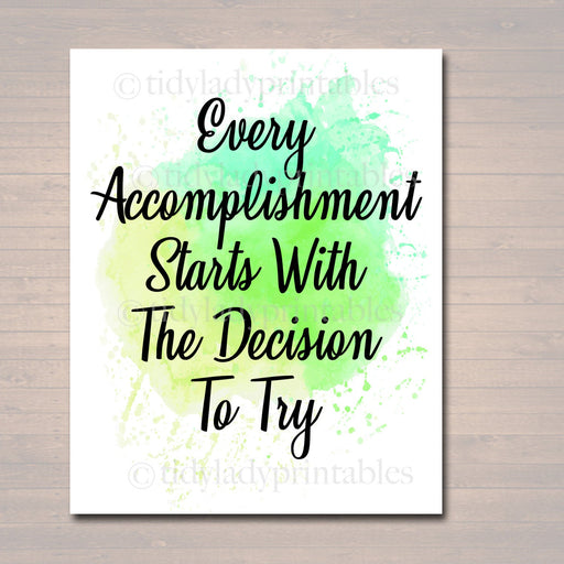 Inspirational Watercolor Printable Poster School Counselor Teacher Social Work Classroom, Green Office Decor Accomplishment Starts By Trying