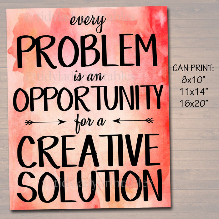 Inspirational Watercolor Printable Poster, School Counselor Teacher Social Worker Classroom Pink Office Decor, Problem Has Creative Solution
